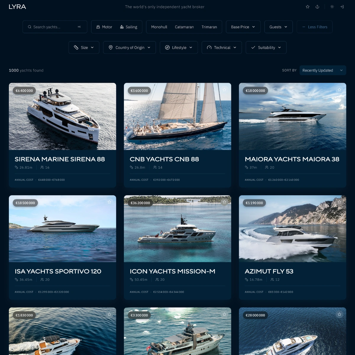 LYRA yacht catalog interface with a grid of yacht models.