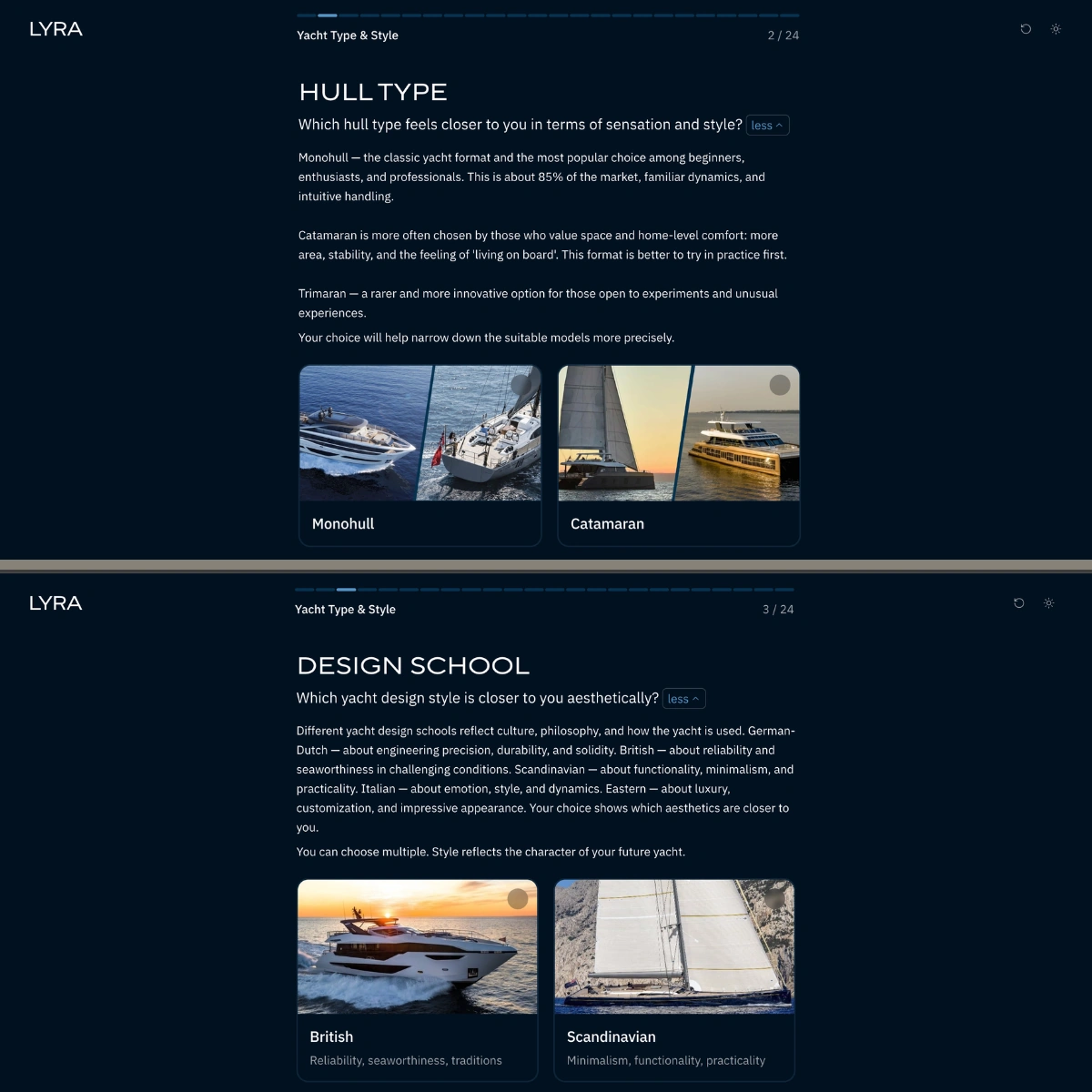 LYRA yacht onboarding interface for structuring a buyer's yacht search.